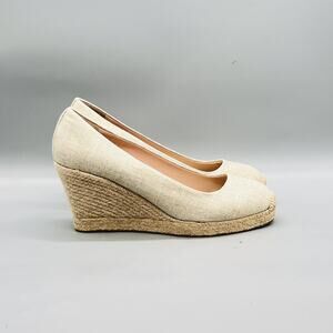 J Crew Shoes Womens 9.5 Beige Linen Espadrille Wedge Heels Round Toe Slip On